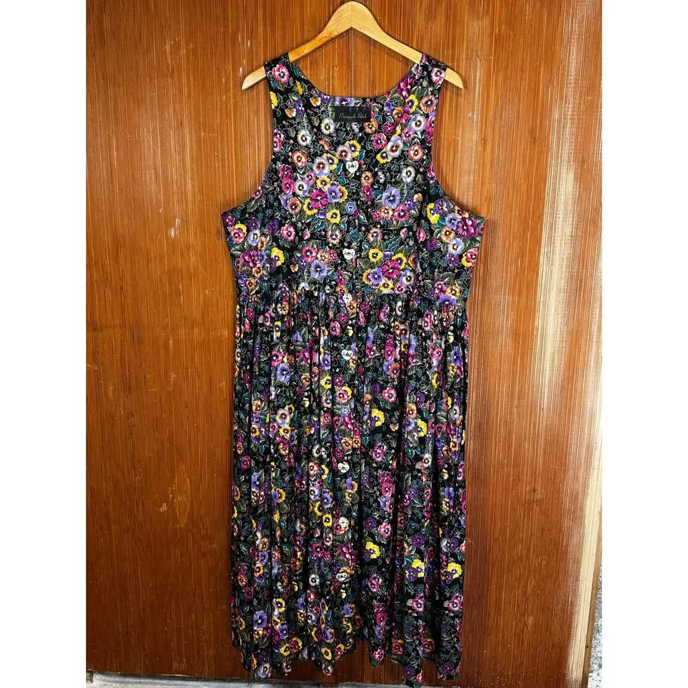 Vintage Pineapple Patch XXL Floral Cotton Midi Dress Black Sleeveless - Picture 4 of 6